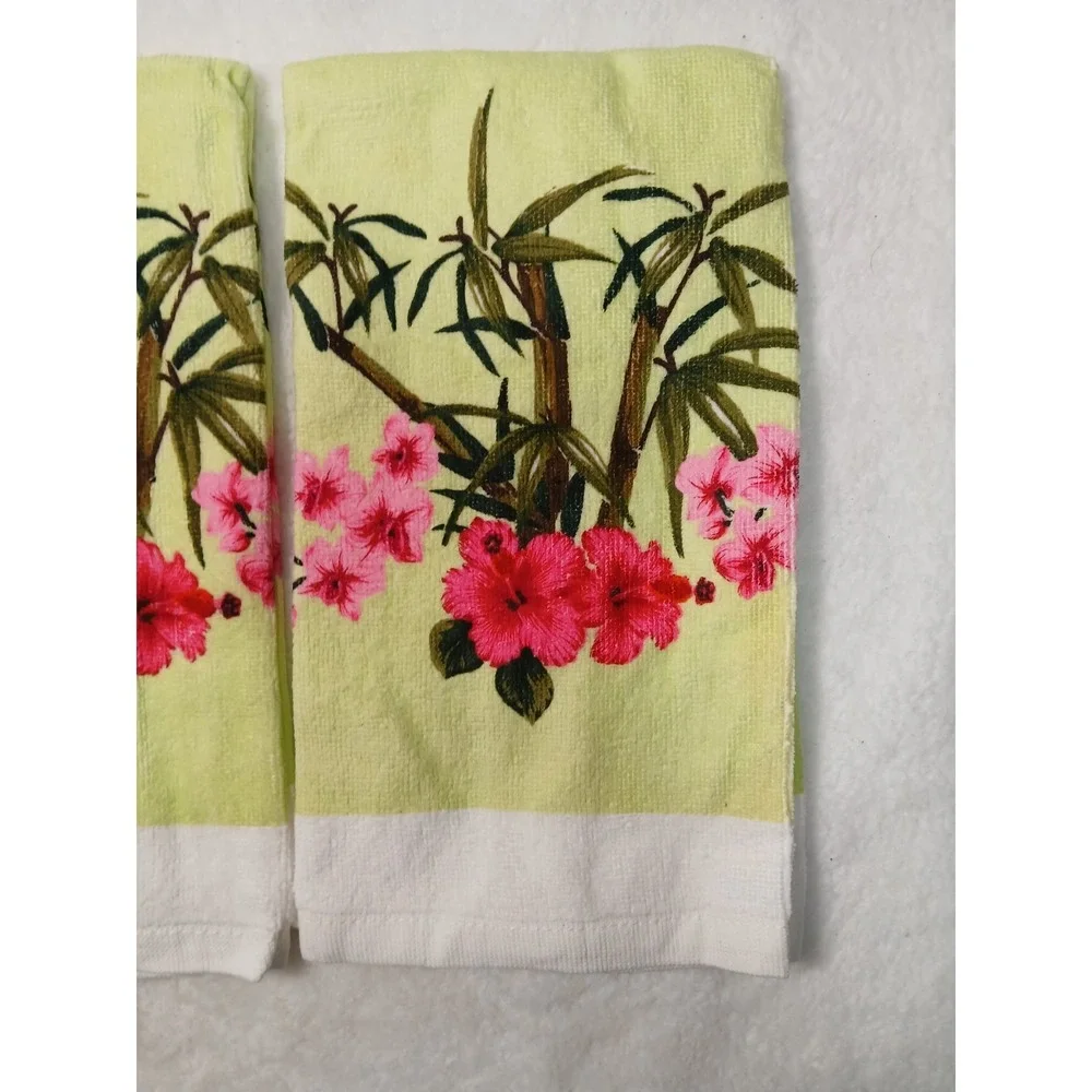 Retro Style 4-Piece Kitchen Cotton Set Pink Hibiscus Floral & Bamboo Print Rare